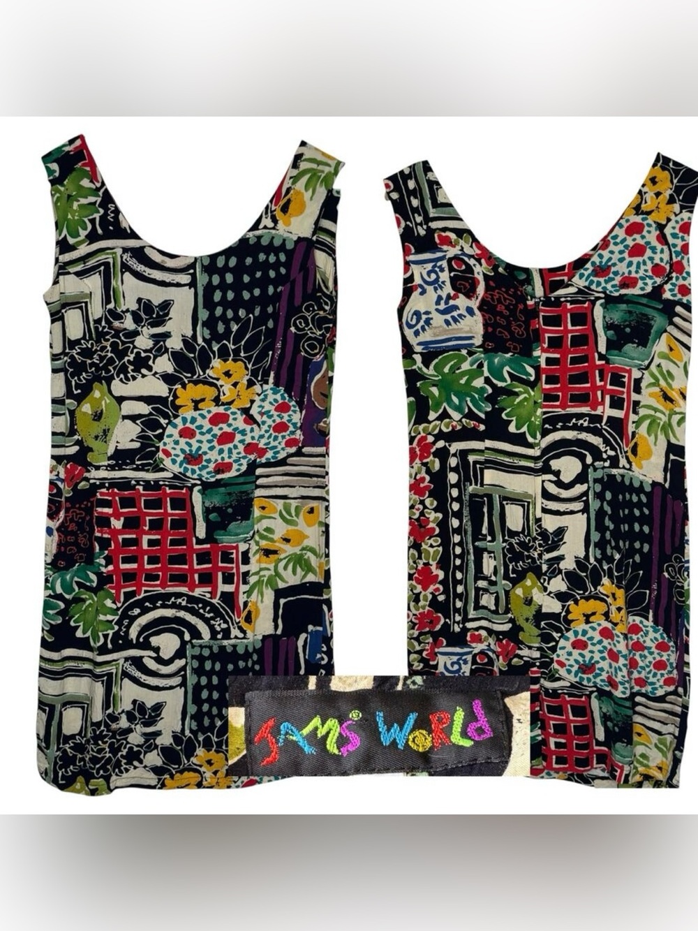 Vtg Jams World Sleeveless Shift Dress Allover Abstract Patchwork Style Print